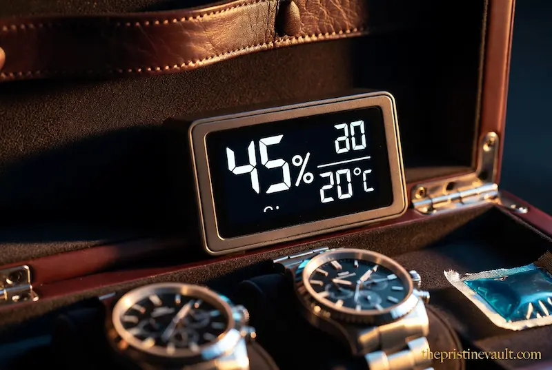 A digital hygrometer mounted inside a brown leather watch storage box displaying 45% humidity and 20°C temperature readings, with two stainless steel diver watches on dark suede cushions and a blue silica gel packet visible in the corner under dramatic warm side lighting