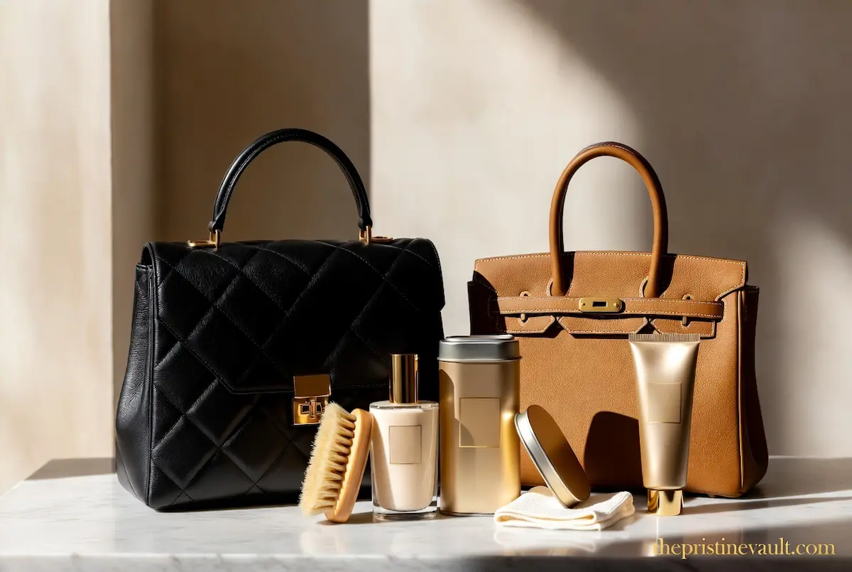 Chanel quilted leather handbag and Hermes  Birkin beside leather conditioner, brush  and cleaning cloth on marble surface —  best leather conditioner for luxury handbags