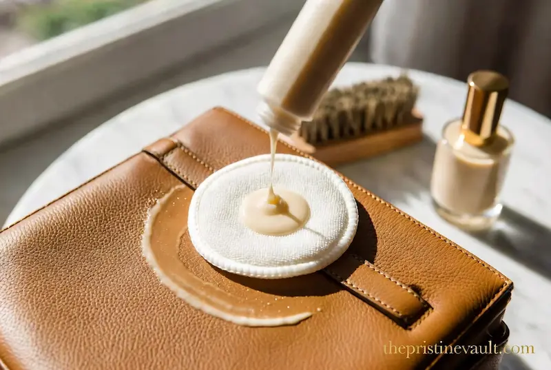 A close-up photograph of a creamy liquid conditioner being squeezed from a tube onto a round, white cotton pad placed on a tan, pebbled leather handbag.