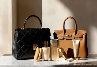 Chanel quilted leather handbag and Hermes  Birkin beside leather conditioner, brush  and cleaning cloth on marble surface —  best leather conditioner for luxury handbags