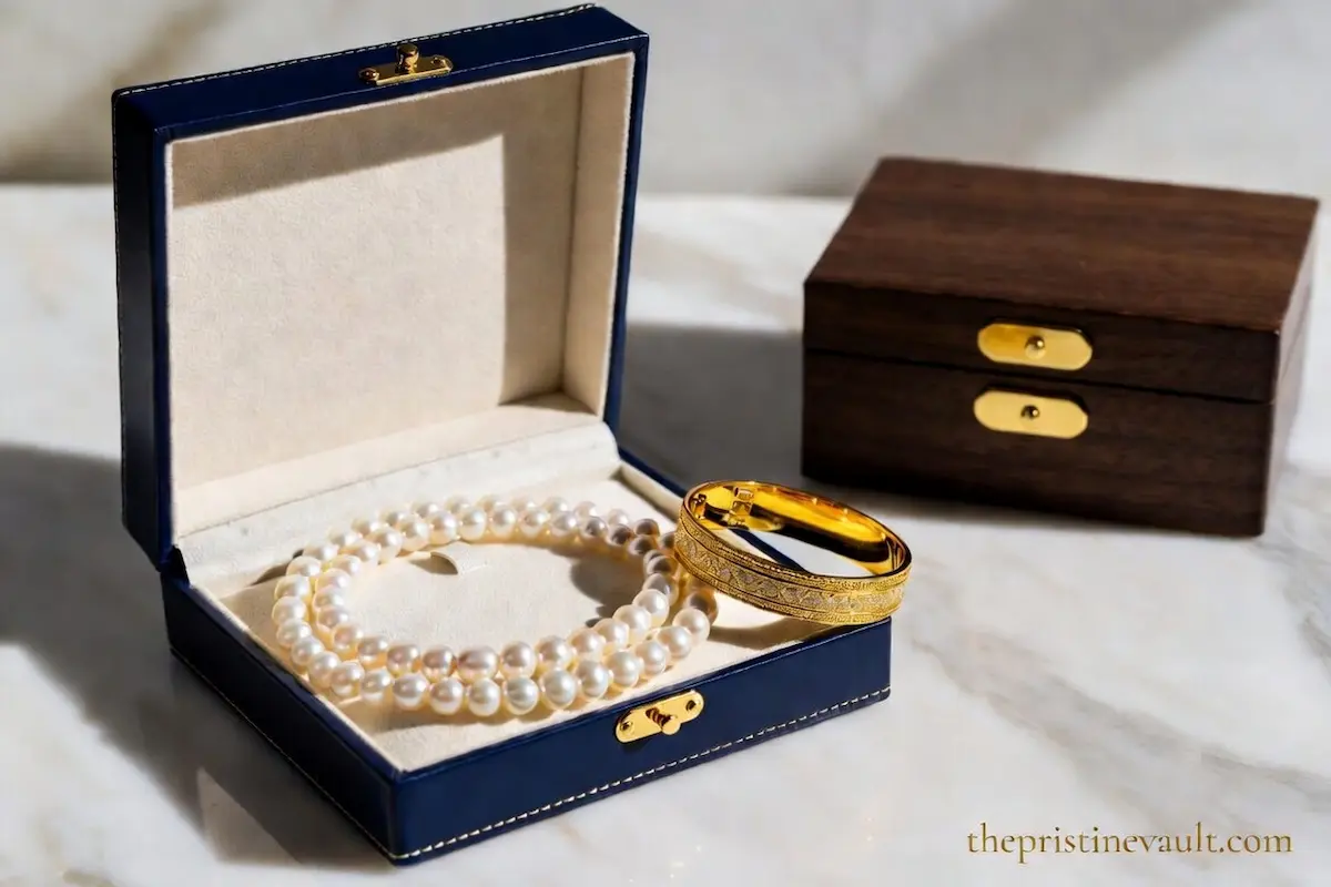 Best jewelry boxes for pearls and gold — blue velvet jewelry box  with pearl necklace and gold bangle bracelet beside wooden jewelry  box on marble surface