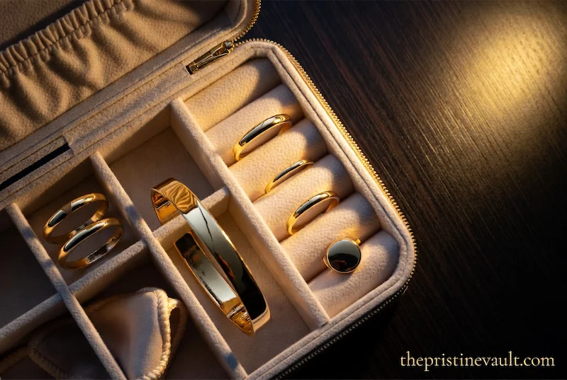 Cream velvet travel jewelry box with zipper organizing multiple  gold rings and gold bangle bracelet — best jewelry box for gold jewelry