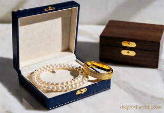Best jewelry boxes for pearls and gold — blue velvet jewelry box  with pearl necklace and gold bangle bracelet beside wooden jewelry  box on marble surface