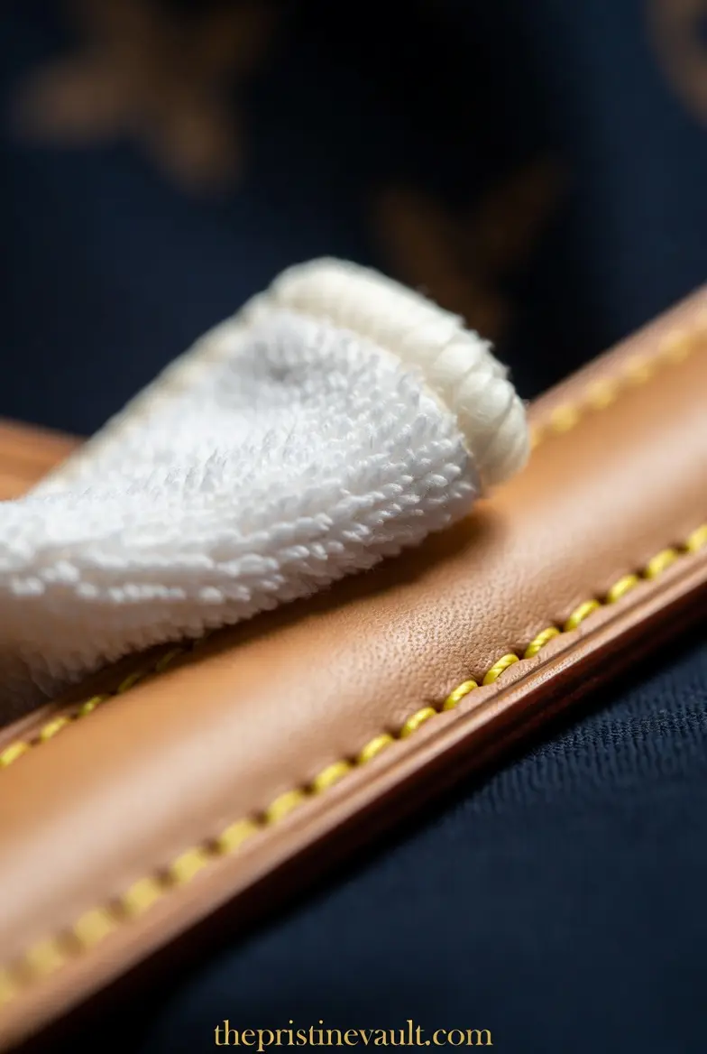 A macro close-up showing a white microfiber cloth gently cleaning a light tan Louis Vuitton Vachetta leather handle with yellow stitching accents.