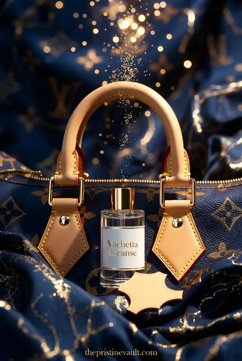 A professional leather cleaner bottle labeled Vachetta Cleanse placed in front of a Louis Vuitton monogram bag with light-colored, pristine Vachetta leather handles.