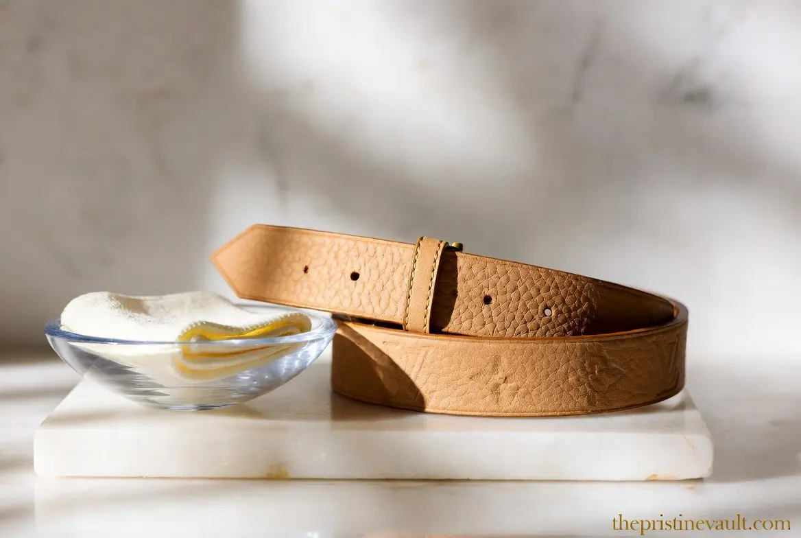 A light-colored Louis Vuitton Vachetta leather belt resting on a white marble slab next to a clean soft cloth, showcasing the successful cleaning without darkening the leather