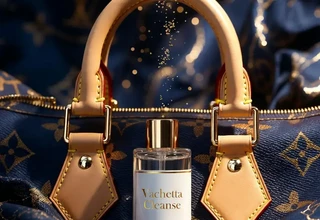 A professional leather cleaner bottle labeled Vachetta Cleanse placed in front of a Louis Vuitton monogram bag with light-colored, pristine Vachetta leather handles.