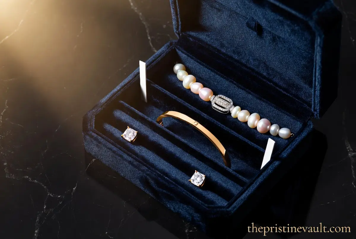 Open navy velvet jewelry box containing pearl bracelet, gold bangle and diamond earrings with white anti-tarnish strips placed between compartments on black marble surface — best anti-tarnish strips for jewelry boxes