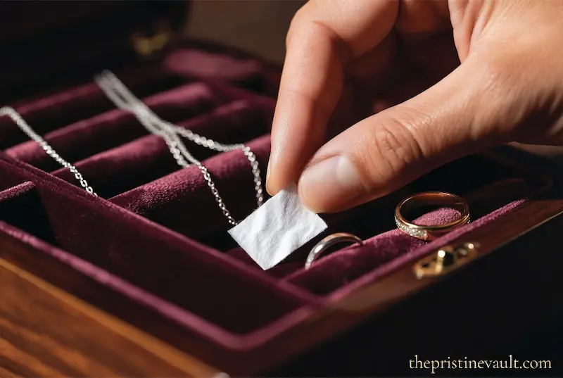 Hand placing a white anti-tarnish strip inside a burgundy velvet jewelry box beside a silver necklace and gold ring — how to use anti-tarnish strips to protect jewelry from tarnishing