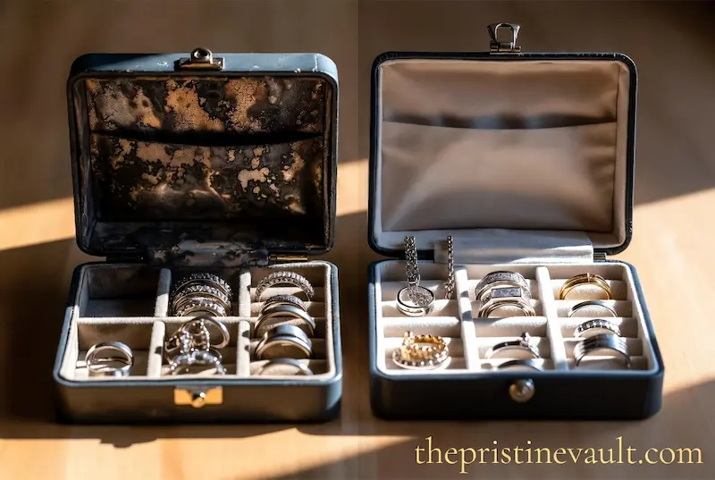 Before and after comparison of two jewelry boxes — left showing tarnished black damaged interior with oxidized rings, right showing clean cream velvet box with shiny silver and gold rings preserved with anti-tarnish strips
