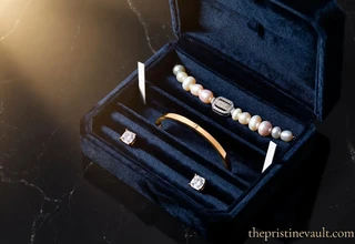 Open navy velvet jewelry box containing  pearl bracelet, gold bangle and diamond  earrings with white anti-tarnish strips  placed between compartments on black  marble surface — best anti-tarnish strips  for jewelry boxes