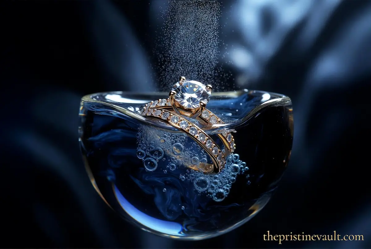 Featured image for the article "Best Jewelry Cleaning Kits for Diamonds and Gold," showing a high-resolution, dramatic photograph of a brilliant-cut diamond and gold wedding ring set partially submerged in a dark blue, effervescent cleaning solution within a glass beaker.