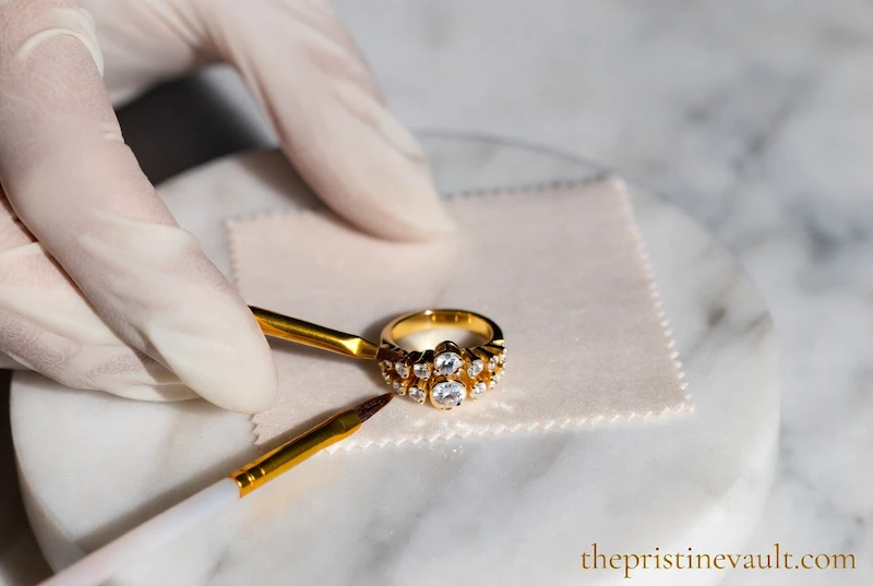 A professional close-up shot for the article "Best Jewelry Cleaning Kits for Diamonds and Gold," showing a person wearing white protective gloves using a fine-tipped golden brush to clean an intricate diamond and gold cocktail ring.