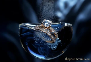 Featured image for the article "Best Jewelry Cleaning Kits for Diamonds and Gold," showing a high-resolution, dramatic photograph of a brilliant-cut diamond and gold wedding ring set partially submerged in a dark blue, effervescent cleaning solution within a glass beaker.