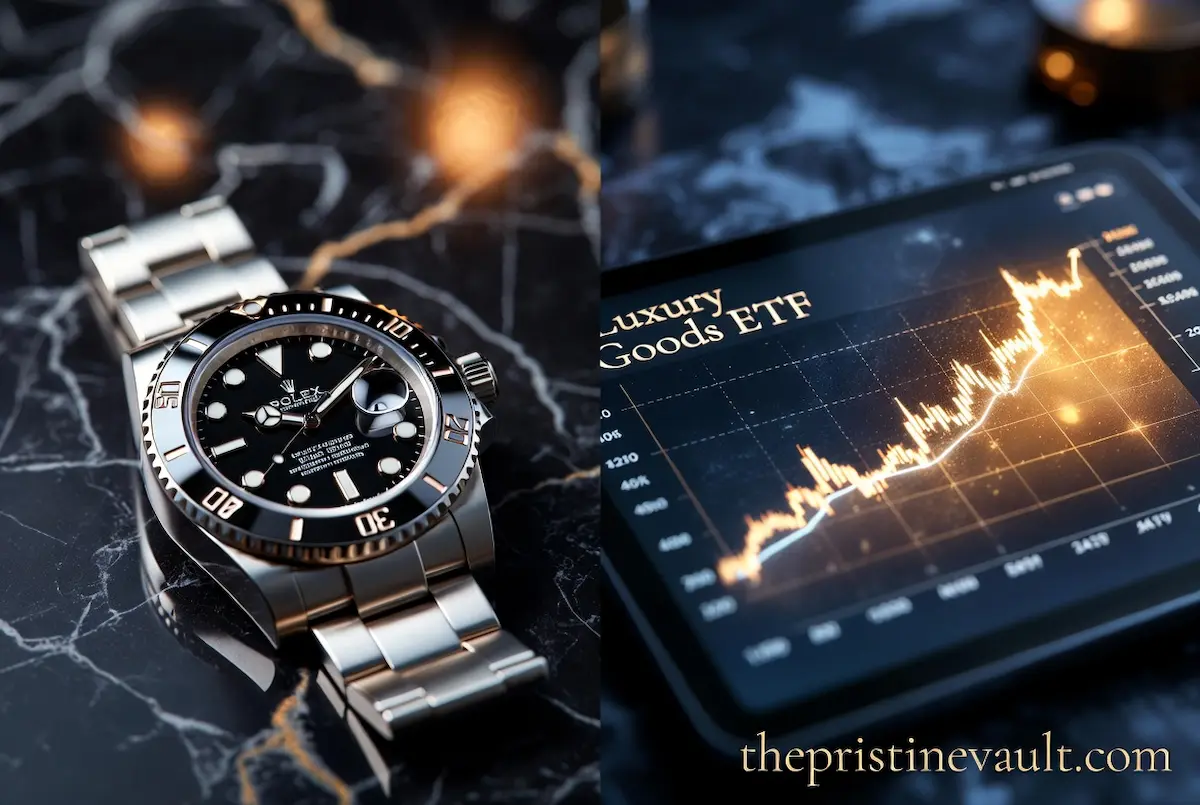 A sleek Rolex Submariner watch on a marble surface next to a digital tablet displaying an upward-trending 'Luxury Goods ETF' stock chart.