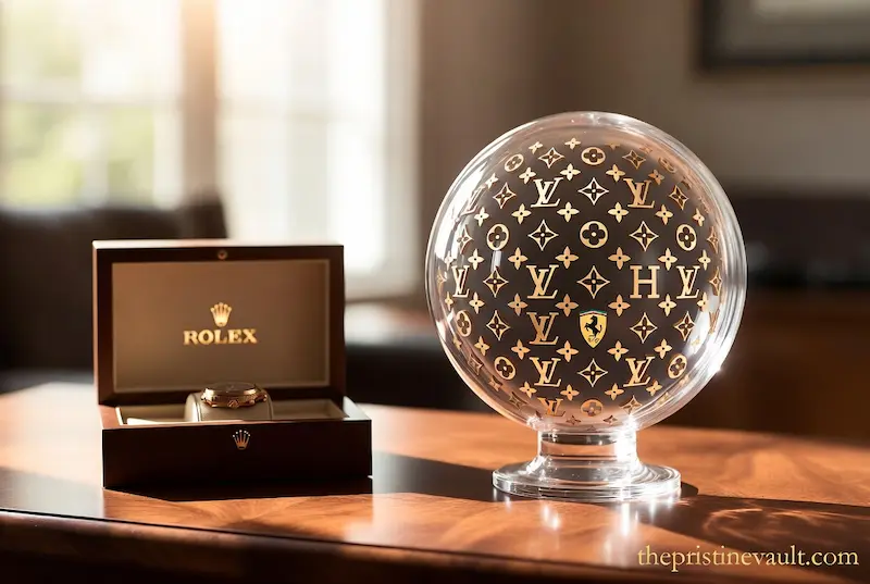 A luxury Rolex watch box next to a transparent glass globe filled with golden logos of Louis Vuitton, Hermès, and Ferrari, symbolizing diversified luxury investment vs a single physical asset.