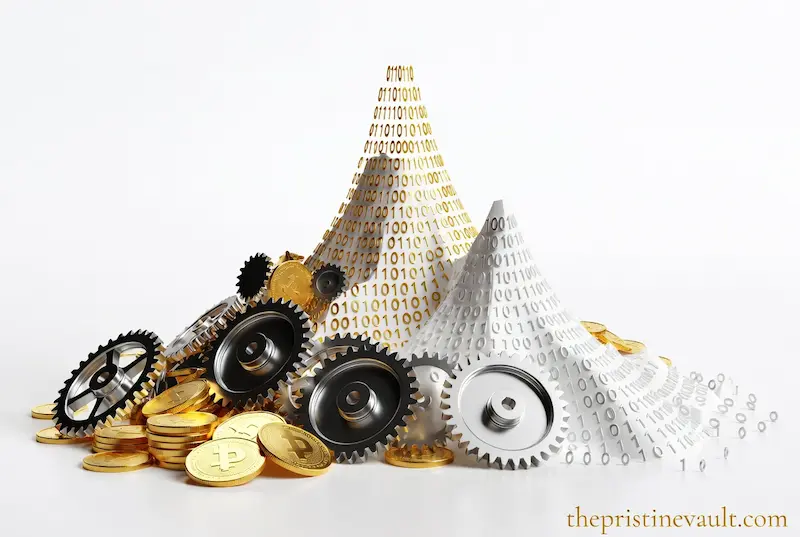 A conceptual 3D render of luxury watch gears and gold coins merging into a digital binary code mountain peak, representing the growth of luxury assets and ETFs.