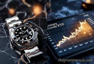 A sleek Rolex Submariner watch on a marble surface next to a digital tablet displaying an upward-trending 'Luxury Goods ETF' stock chart.