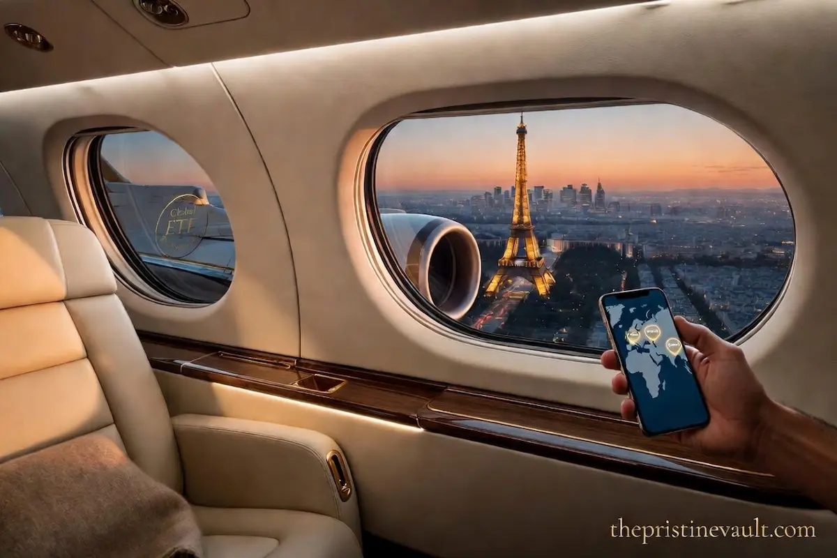 Luxury jet interior view over the Paris skyline and Eiffel Tower with a person holding a smartphone displaying 'Luxury Goods ETF' performance, a metaphor for global luxury investment.
