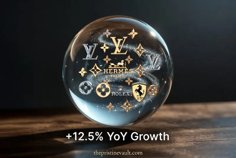 A conceptual crystal globe showcasing a constellation of luxury brand logos like Hermès, Rolex, and Louis Vuitton with a '+12.5% YoY Growth' text, representing a high-performing luxury ETF