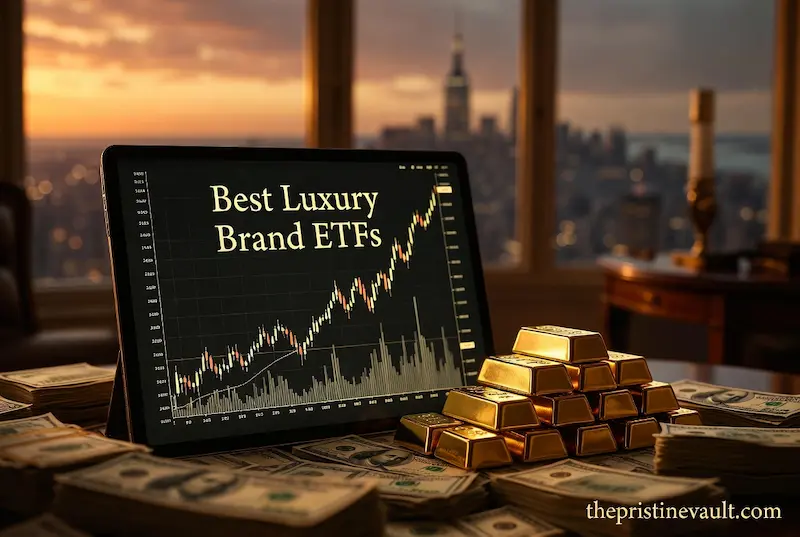 A digital tablet displaying an upward-trending stock chart for 'Best Luxury Brand ETFs' placed next to gold bars and stacks of cash in a high-end office setting