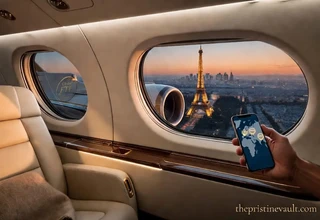 Luxury jet interior view over the Paris skyline and Eiffel Tower with a person holding a smartphone displaying 'Luxury Goods ETF' performance, a metaphor for global luxury investment.