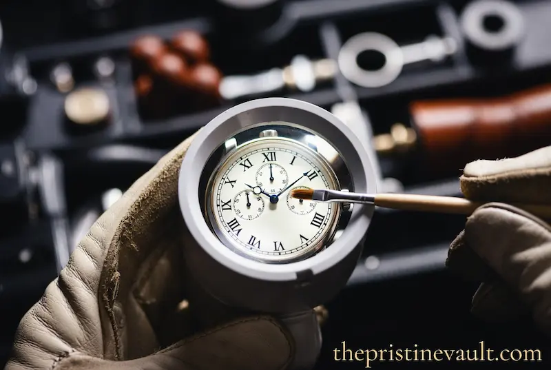 A close-up photograph of a gloved hand using a fine-tipped brush to meticulously clean the intricate face of a luxury watch, showcasing the careful maintenance required for physical luxury assets.