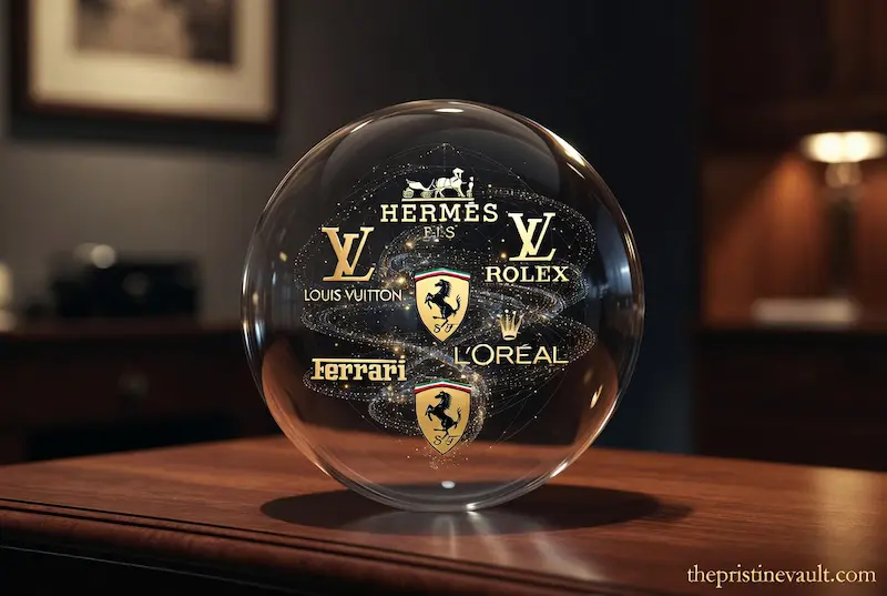 A conceptual crystal globe floating over a luxury desk, showcasing a constellation of iconic luxury logos including Hermès, Rolex, Louis Vuitton, and Ferrari, representing a diversified luxury ETF.
