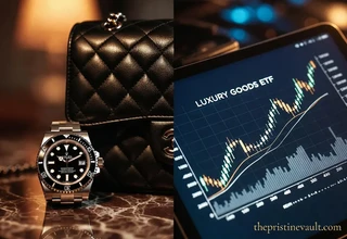 A side-by-side comparison of physical luxury assets like a Rolex watch and Chanel handbag versus a digital stock chart for 'Luxury Goods ETF' on a tablet.