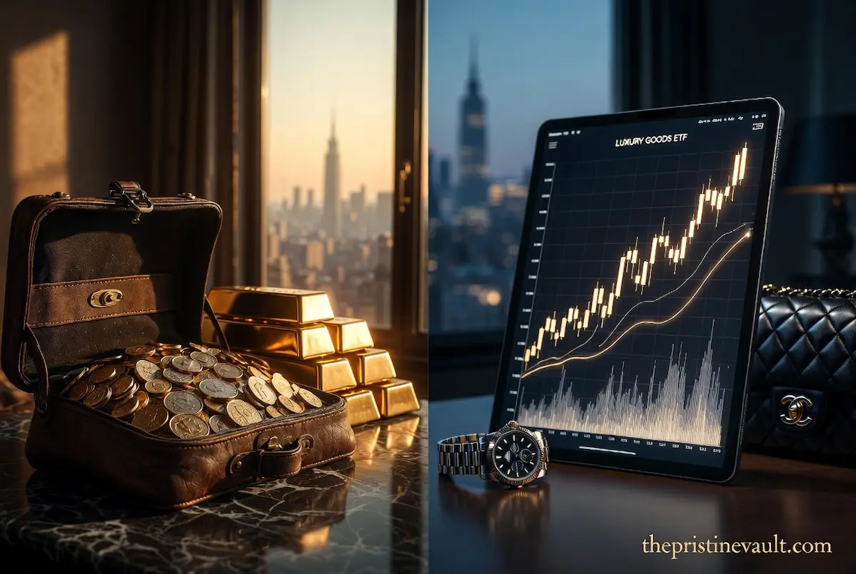 A comparative image of investment options, with gold coins in a suitcase and gold bars on the left, and a digital chart for 'Luxury Goods ETF' with a luxury watch and Chanel handbag on the right, placed against a New York City skyline at sunset