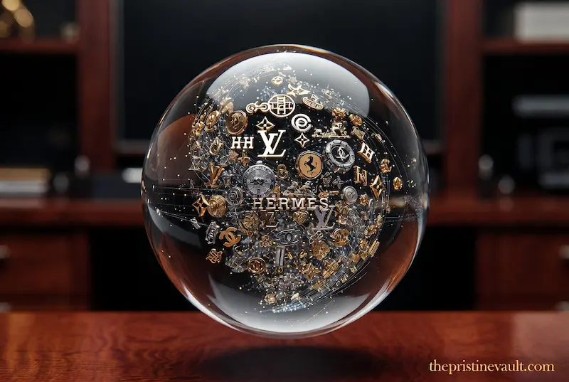 A conceptual glass sphere displaying a swirling constellation of miniature luxury brand logos like Louis Vuitton, Chanel, and Hermès, representing a diversified Luxury Goods ETF.