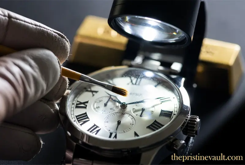 A close-up of a professional using a fine brush and a magnifying light to clean a luxury watch dial, with gold bars in the background, illustrating the maintenance of physical investments