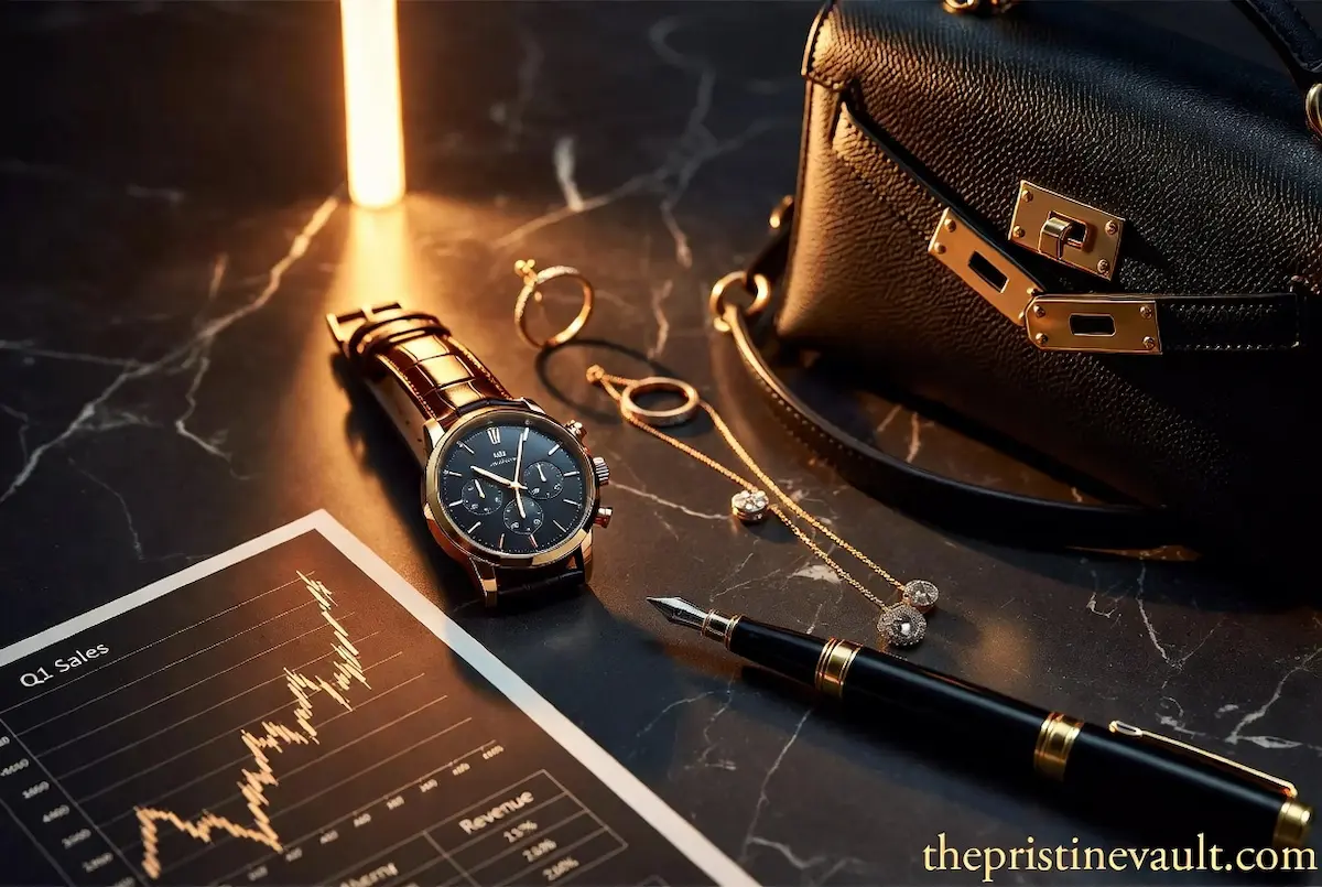 Luxury goods ETF investment flat lay featuring a chronograph watch, Hermès-style leather handbag, fine gold jewelry, fountain pen, and financial performance chart on dark marble surface representing timeless wealth through luxury asset investing