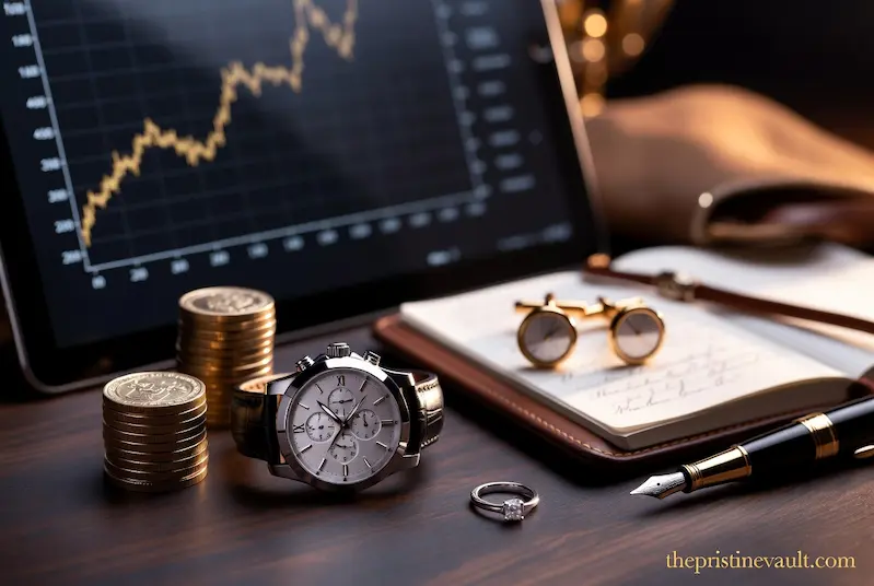 Luxury wealth investment concept featuring a chronograph watch, stacked gold coins, diamond engagement ring, gold cufflinks, fountain pen, leather notebook, and rising stock market ETF chart on tablet representing luxury goods as timeless financial assets