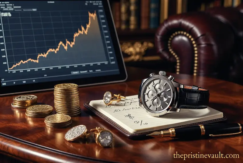 Luxury goods ETF investment concept showing a chronograph watch on leather notebook, stacked gold coins, diamond cufflinks, fountain pen, and upward trending stock market chart on tablet screen representing timeless wealth through luxury asset portfolio