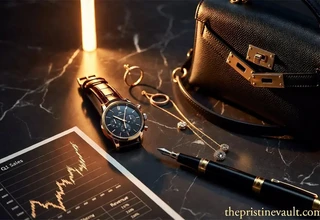 Luxury goods ETF investment flat lay featuring a chronograph watch, Hermès-style leather handbag, fine gold jewelry, fountain pen, and financial performance chart on dark marble surface representing timeless wealth through luxury asset investing