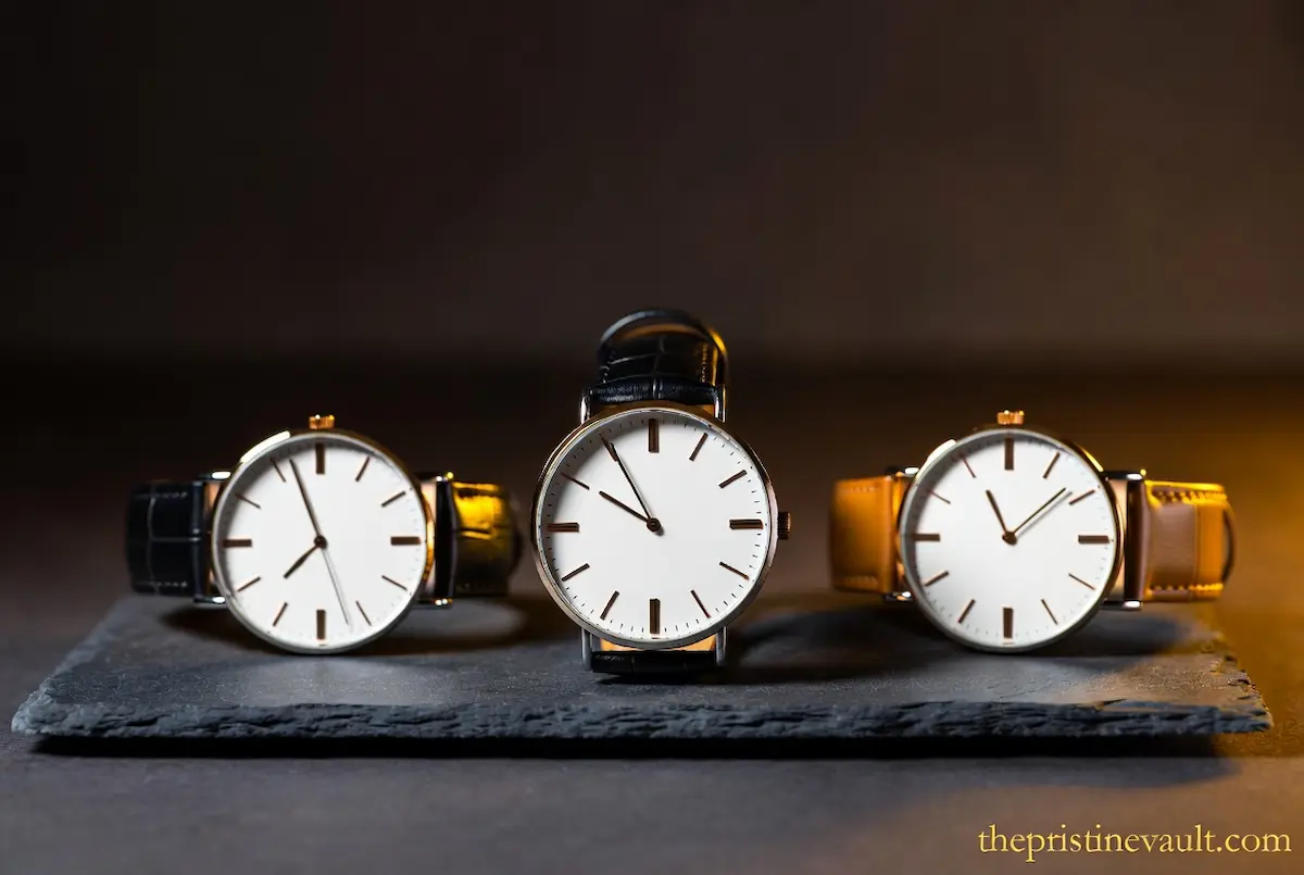 Three minimalist quiet luxury dress watches with clean white dials and slim cases displayed on dark slate, featuring black and tan leather straps, representing the best understated luxury timepieces for men