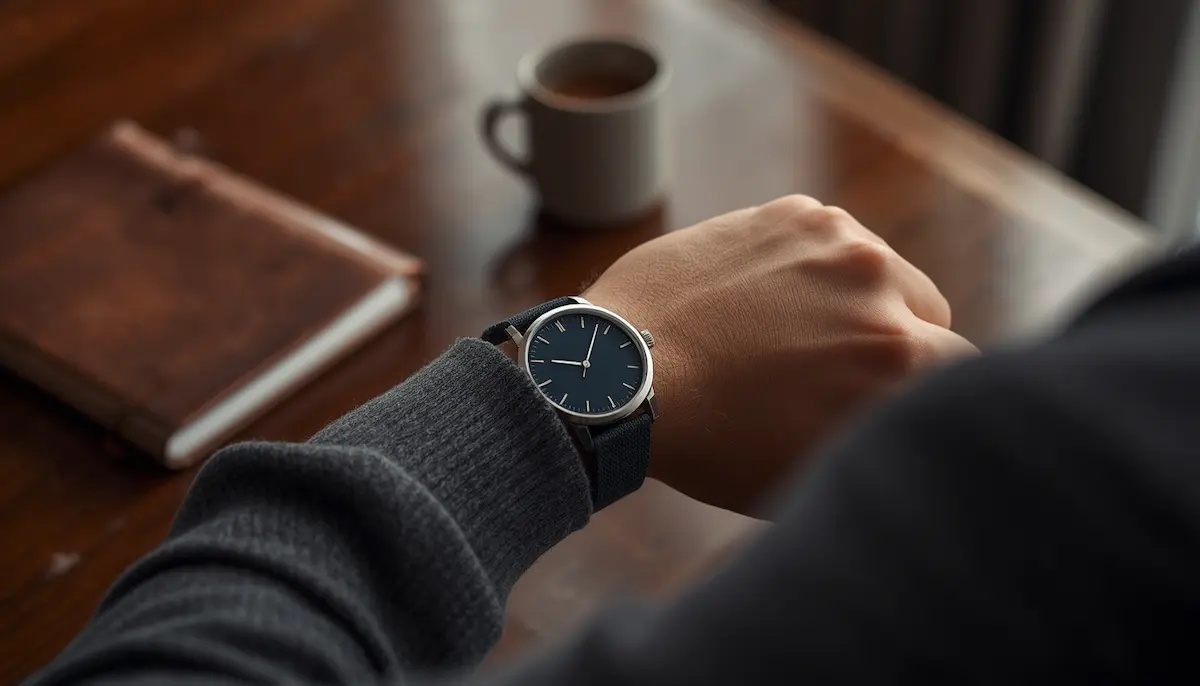 A close-up of a man's wrist wearing a minimalist quiet luxury watch with a navy blue dial and textured strap.