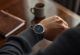 A close-up of a man's wrist wearing a minimalist quiet luxury watch with a navy blue dial and textured strap.
