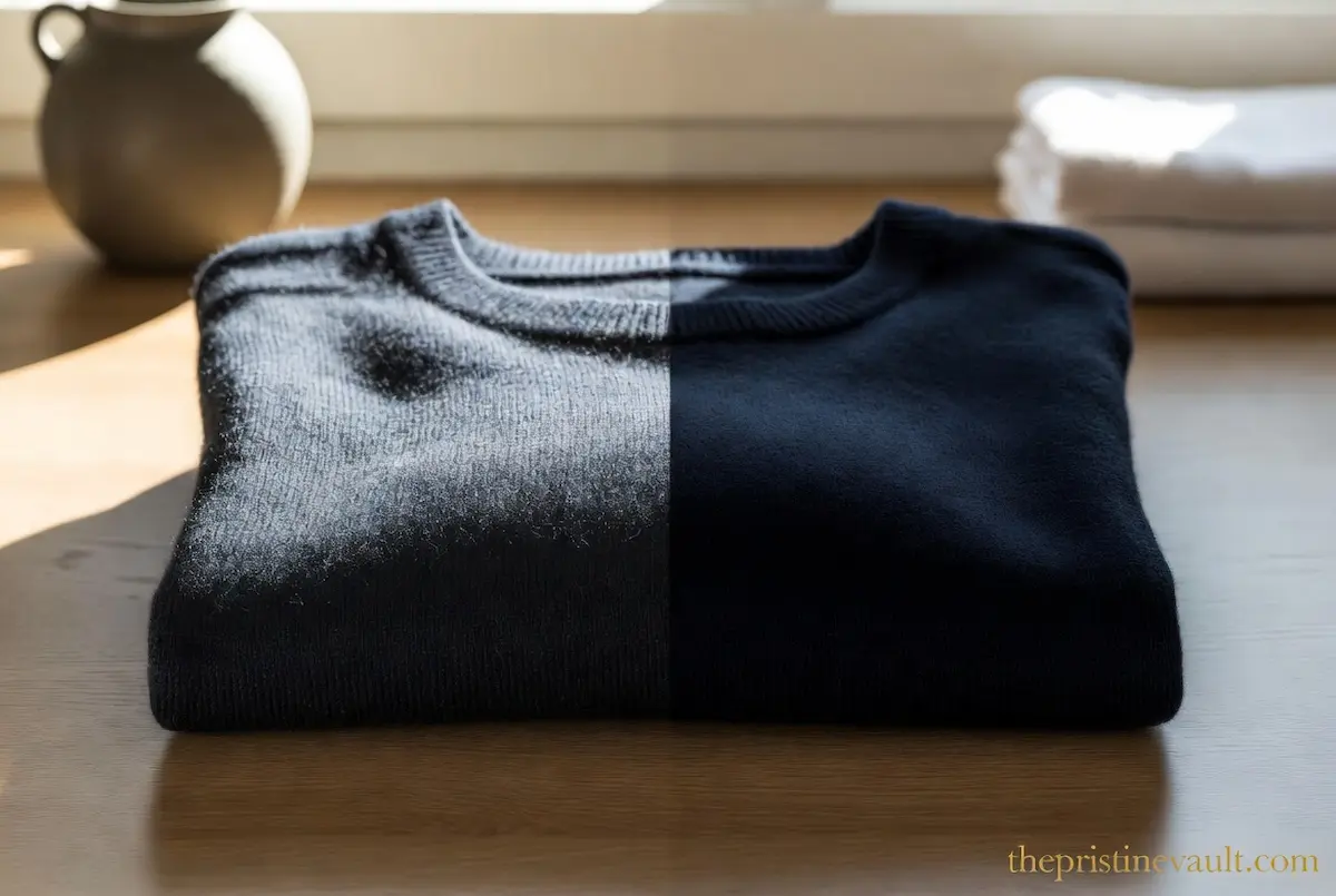 A minimalistic before-and-after shot of a navy cashmere sweater. The left side is covered in lint and pilling, while the right side is spotless and pristine, demonstrating safe lint removal from luxury clothes.