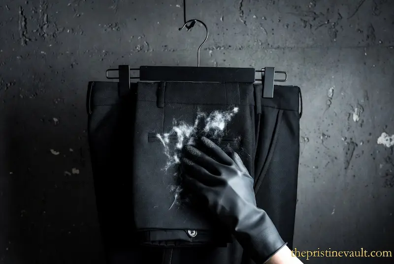A minimalistic, low-key photo of a hand wearing a simple black rubber glove. The hand is gently wiping a large cluster of white lint from a pair of tailored, black wool pants hanging on a minimalist hanger
