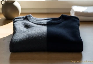 A minimalistic before-and-after shot of a navy cashmere sweater. The left side is covered in lint and pilling, while the right side is spotless and pristine, demonstrating safe lint removal from luxury clothes.