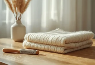 A neatly folded cream-colored cashmere sweater next to a wooden fabric comb on an oak table.