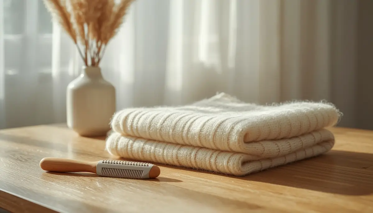 A neatly folded cream-colored cashmere sweater next to a wooden fabric comb on an oak table.