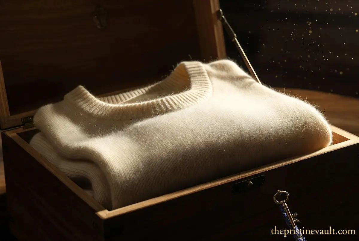 A minimalistic, high-resolution photograph of a pristine, folded cream-colored cashmere sweater stored inside a warm, polished cedar wood storage box.