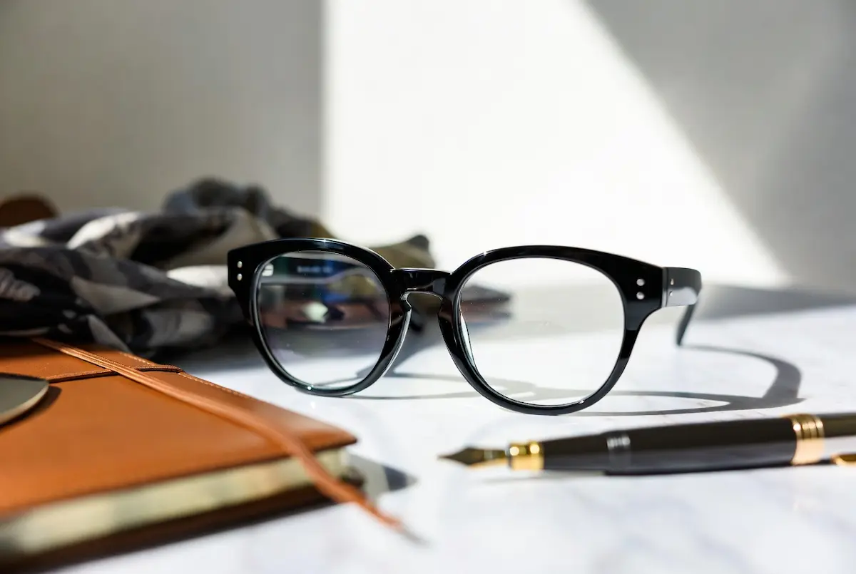 Luxury women's black acetate eyeglass frames on a white marble desk with a leather journal and fountain pen, representing high-end designer eyewear collections.