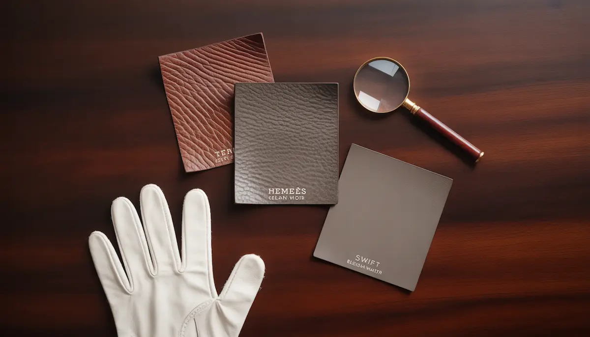 Three Hermès leather swatches with different textures, a magnifying glass, and a white leather glove on a dark wood surface.