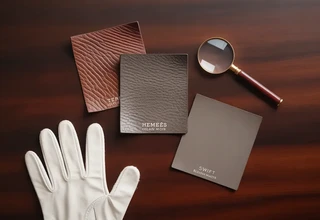 Three Hermès leather swatches with different textures, a magnifying glass, and a white leather glove on a dark wood surface.