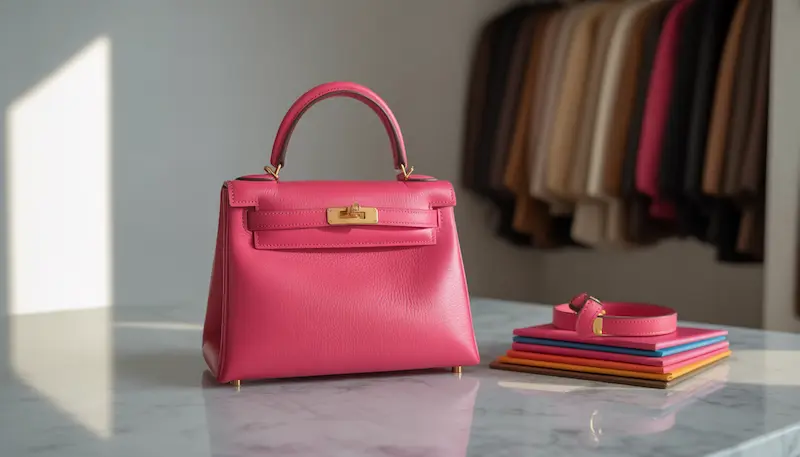 A luxury Hermès Kelly bag in vibrant pink Swift leather, showcasing how smooth leather finishes enhance color saturation and elegance in high-end collections.