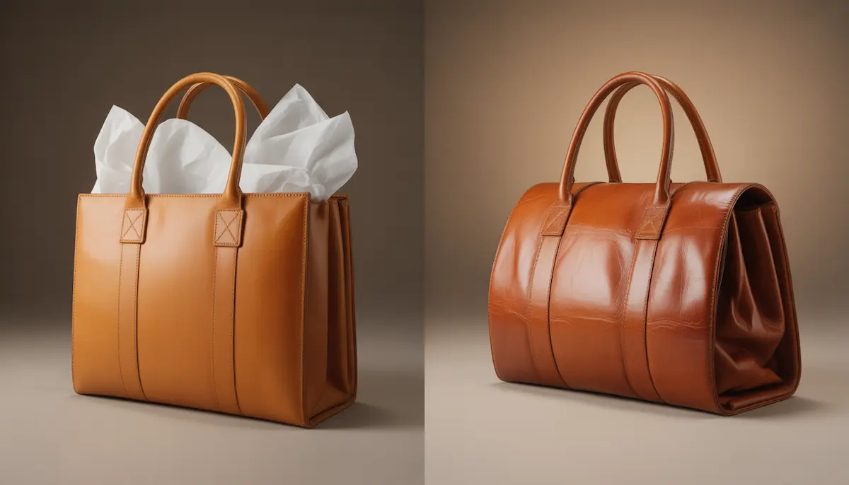 A side-by-side comparison of a tan leather handbag stuffed with white tissue paper to maintain its shape versus an empty, collapsing leather bag